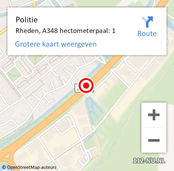 Locatie op kaart van de 112 melding: Politie Rheden, A348 hectometerpaal: 1 op 12 februari 2023 03:46