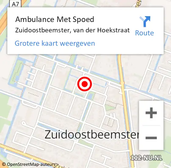 Locatie op kaart van de 112 melding: Ambulance Met Spoed Naar Zuidoostbeemster, van der Hoekstraat op 12 februari 2023 07:04