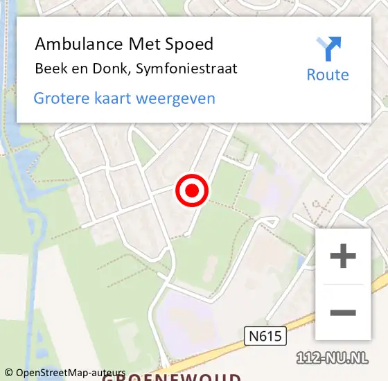 Locatie op kaart van de 112 melding: Ambulance Met Spoed Naar Beek en Donk, Symfoniestraat op 15 augustus 2014 11:38