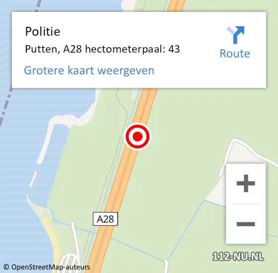 Locatie op kaart van de 112 melding: Politie Zeewolde, A28 hectometerpaal: 43 op 12 februari 2023 10:40