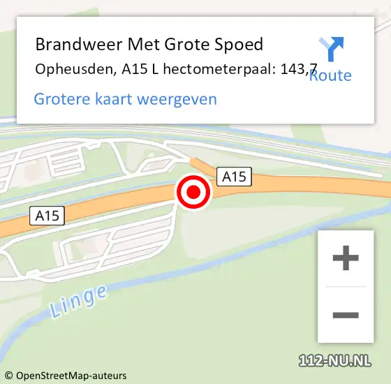 Locatie op kaart van de 112 melding: Brandweer Met Grote Spoed Naar Opheusden, A15 L hectometerpaal: 143,7 op 15 augustus 2014 11:56