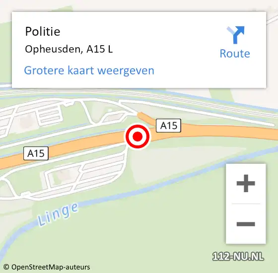 Locatie op kaart van de 112 melding: Politie Opheusden, A15 L op 15 augustus 2014 12:00