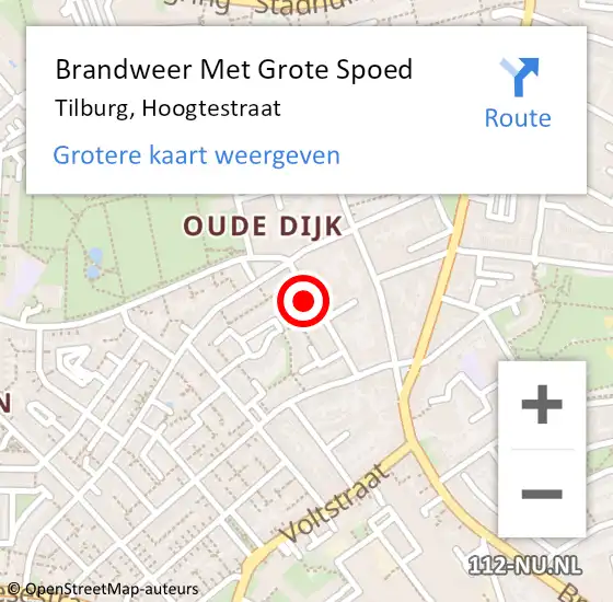 Locatie op kaart van de 112 melding: Brandweer Met Grote Spoed Naar Tilburg, Hoogtestraat op 12 februari 2023 13:03