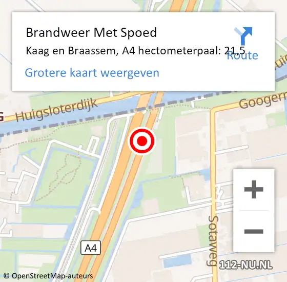 Locatie op kaart van de 112 melding: Brandweer Met Spoed Naar Kaag en Braassem, A4 hectometerpaal: 21,5 op 12 februari 2023 13:50