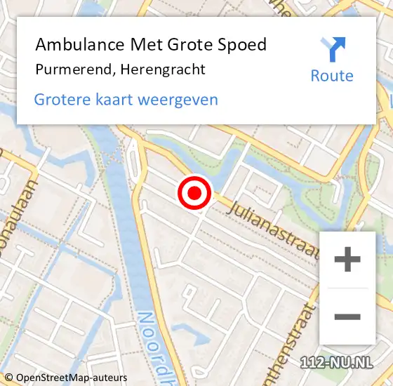 Locatie op kaart van de 112 melding: Ambulance Met Grote Spoed Naar Purmerend, Herengracht op 12 februari 2023 14:07