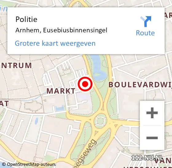 Locatie op kaart van de 112 melding: Politie Arnhem, Eusebiusbinnensingel op 12 februari 2023 14:16