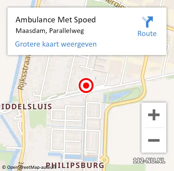 Locatie op kaart van de 112 melding: Ambulance Met Spoed Naar Maasdam, Parallelweg op 12 februari 2023 14:59