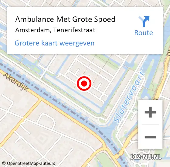 Locatie op kaart van de 112 melding: Ambulance Met Grote Spoed Naar Amsterdam, Tenerifestraat op 12 februari 2023 15:45