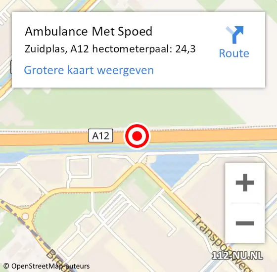 Locatie op kaart van de 112 melding: Ambulance Met Spoed Naar Zuidplas, A12 hectometerpaal: 24,3 op 12 februari 2023 21:22