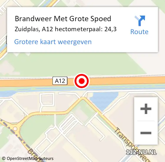 Locatie op kaart van de 112 melding: Brandweer Met Grote Spoed Naar Zuidplas, A12 hectometerpaal: 24,3 op 12 februari 2023 21:23