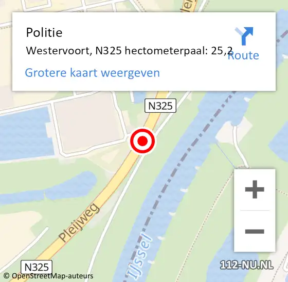 Locatie op kaart van de 112 melding: Politie Westervoort, N325 hectometerpaal: 25,2 op 12 februari 2023 21:50