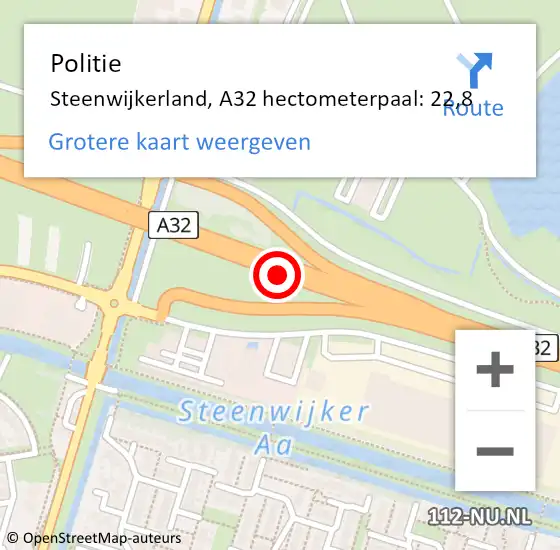 Locatie op kaart van de 112 melding: Politie Steenwijkerland, A32 hectometerpaal: 22,8 op 12 februari 2023 23:12