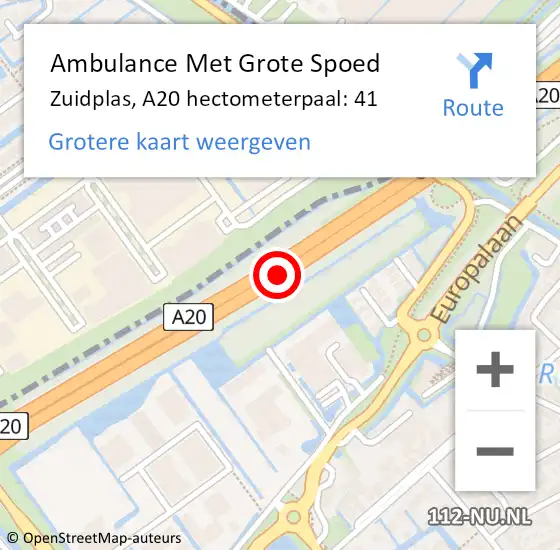 Locatie op kaart van de 112 melding: Ambulance Met Grote Spoed Naar Zuidplas, A20 hectometerpaal: 41 op 13 februari 2023 07:36