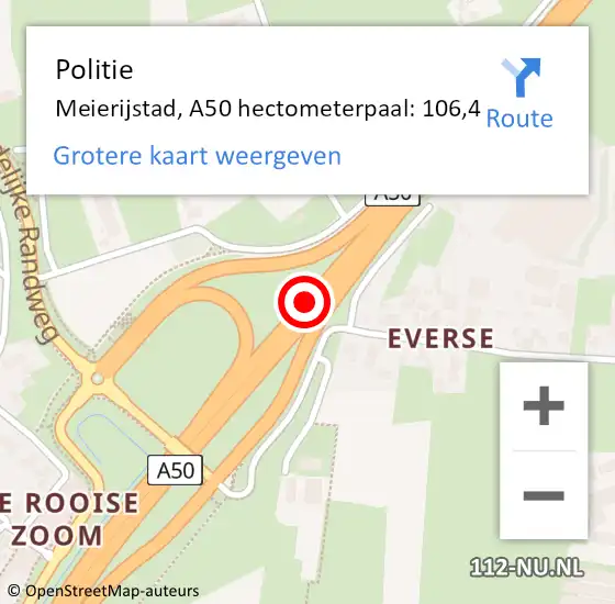 Locatie op kaart van de 112 melding: Politie Meierijstad, A50 hectometerpaal: 106,4 op 13 februari 2023 08:16