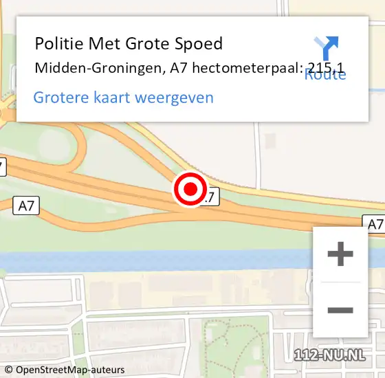 Locatie op kaart van de 112 melding: Politie Met Grote Spoed Naar Midden-Groningen, A7 hectometerpaal: 215,1 op 13 februari 2023 11:48