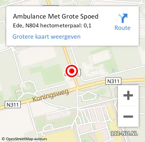 Locatie op kaart van de 112 melding: Ambulance Met Grote Spoed Naar Ede, N804 hectometerpaal: 0,1 op 13 februari 2023 12:00