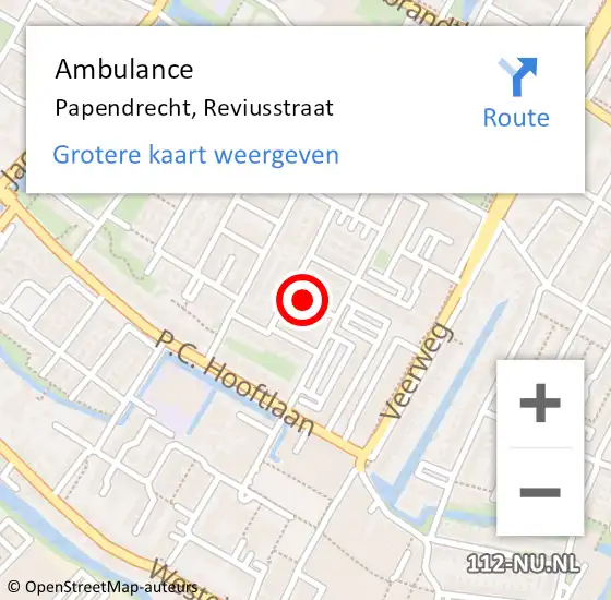 Locatie op kaart van de 112 melding: Ambulance Papendrecht, Reviusstraat op 15 augustus 2014 13:46