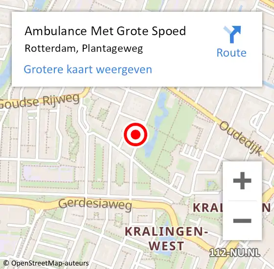 Locatie op kaart van de 112 melding: Ambulance Met Grote Spoed Naar Rotterdam, Plantageweg op 13 februari 2023 13:27