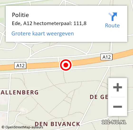 Locatie op kaart van de 112 melding: Politie Ede, A12 hectometerpaal: 111,8 op 13 februari 2023 14:36