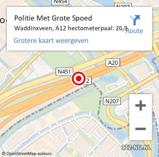 Locatie op kaart van de 112 melding: Politie Met Grote Spoed Naar Waddinxveen, A12 hectometerpaal: 26,9 op 13 februari 2023 15:10