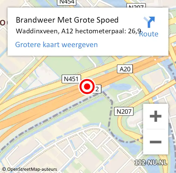 Locatie op kaart van de 112 melding: Brandweer Met Grote Spoed Naar Waddinxveen, A12 hectometerpaal: 26,9 op 13 februari 2023 15:12