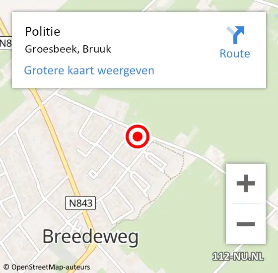 Locatie op kaart van de 112 melding: Politie Groesbeek, Bruuk op 13 februari 2023 17:27