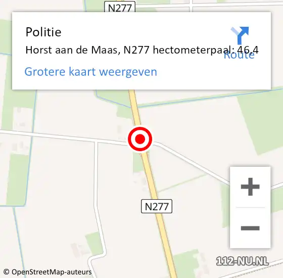 Locatie op kaart van de 112 melding: Politie Horst aan de Maas, N277 hectometerpaal: 46,4 op 13 februari 2023 18:28