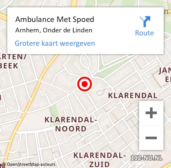 Locatie op kaart van de 112 melding: Ambulance Met Spoed Naar Arnhem, Onder de Linden op 13 februari 2023 20:05