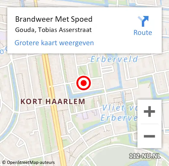 Locatie op kaart van de 112 melding: Brandweer Met Spoed Naar Gouda, Tobias Asserstraat op 13 februari 2023 20:07