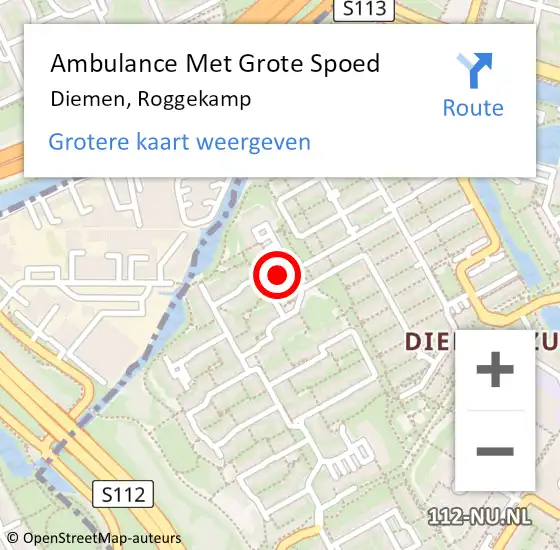 Locatie op kaart van de 112 melding: Ambulance Met Grote Spoed Naar Diemen, Roggekamp op 13 februari 2023 21:09