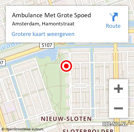 Locatie op kaart van de 112 melding: Ambulance Met Grote Spoed Naar Amsterdam, Hamontstraat op 13 februari 2023 21:26