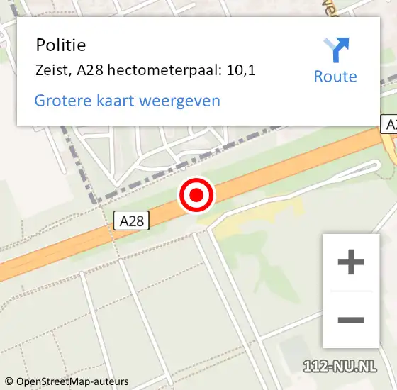 Locatie op kaart van de 112 melding: Politie Zeist, A28 hectometerpaal: 10,1 op 14 februari 2023 05:44