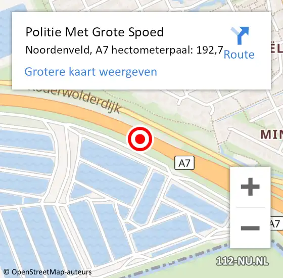 Locatie op kaart van de 112 melding: Politie Met Grote Spoed Naar Noordenveld, A7 hectometerpaal: 192,7 op 14 februari 2023 07:53