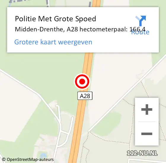 Locatie op kaart van de 112 melding: Politie Met Grote Spoed Naar Midden-Drenthe, A28 hectometerpaal: 166,4 op 14 februari 2023 08:20