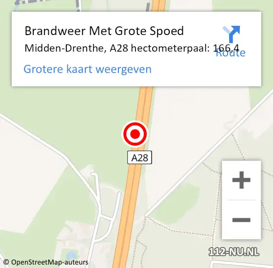 Locatie op kaart van de 112 melding: Brandweer Met Grote Spoed Naar Midden-Drenthe, A28 hectometerpaal: 166,4 op 14 februari 2023 08:21