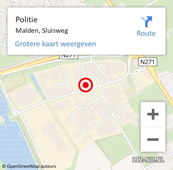 Locatie op kaart van de 112 melding: Politie Malden, Sluisweg op 14 februari 2023 08:34