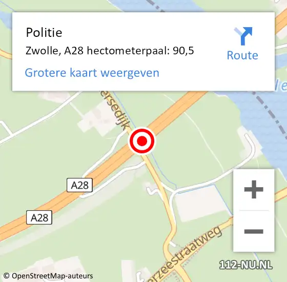 Locatie op kaart van de 112 melding: Politie Hattem, A28 hectometerpaal: 90,5 op 14 februari 2023 08:44