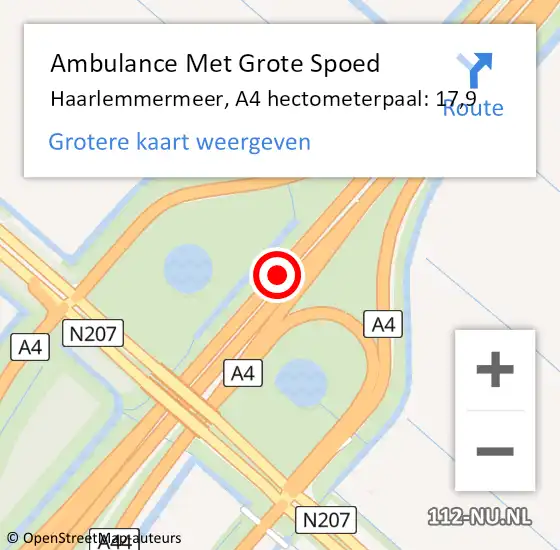 Locatie op kaart van de 112 melding: Ambulance Met Grote Spoed Naar Haarlemmermeer, A4 hectometerpaal: 17,9 op 14 februari 2023 09:43