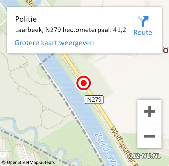 Locatie op kaart van de 112 melding: Politie Laarbeek, N279 hectometerpaal: 41,2 op 14 februari 2023 09:49