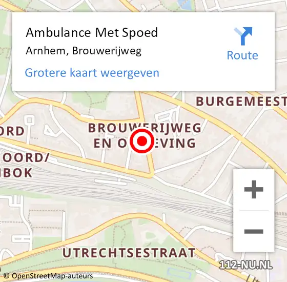 Locatie op kaart van de 112 melding: Ambulance Met Spoed Naar Arnhem, Brouwerijweg op 14 februari 2023 10:43