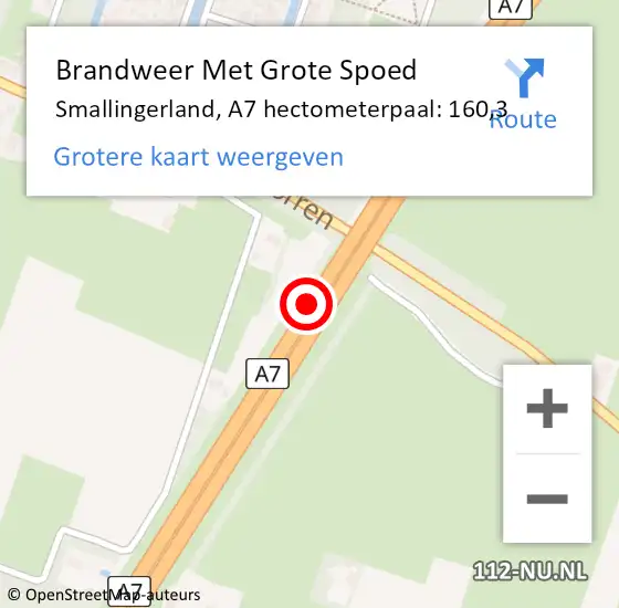 Locatie op kaart van de 112 melding: Brandweer Met Grote Spoed Naar Smallingerland, A7 hectometerpaal: 160,3 op 14 februari 2023 12:33