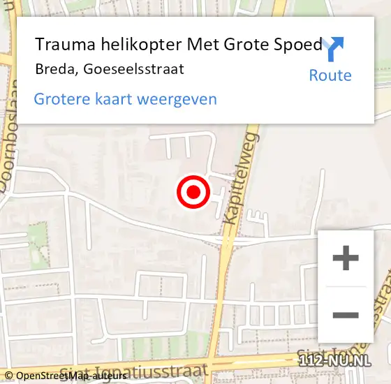 Locatie op kaart van de 112 melding: Trauma helikopter Met Grote Spoed Naar Breda, Goeseelsstraat op 14 februari 2023 13:22