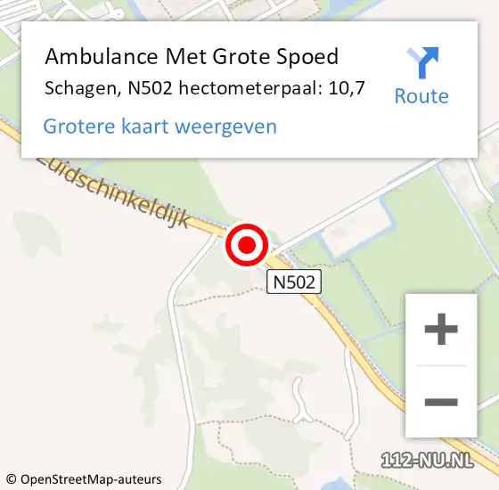 Locatie op kaart van de 112 melding: Ambulance Met Grote Spoed Naar Schagen, N502 hectometerpaal: 10,7 op 14 februari 2023 13:53