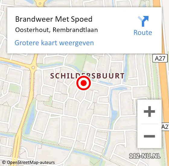 Locatie op kaart van de 112 melding: Brandweer Met Spoed Naar Oosterhout, Rembrandtlaan op 14 februari 2023 14:35