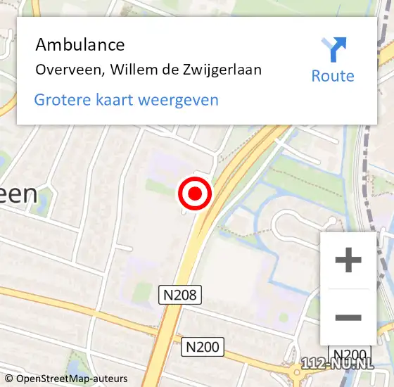 Locatie op kaart van de 112 melding: Ambulance Overveen, Willem de Zwijgerlaan op 14 februari 2023 15:18