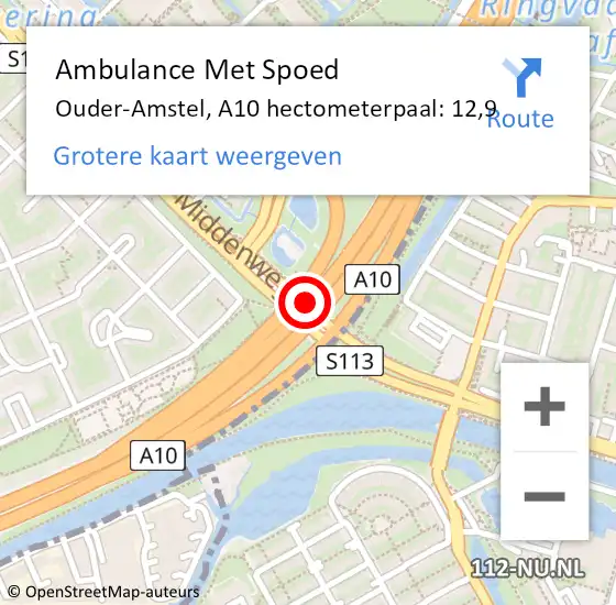 Locatie op kaart van de 112 melding: Ambulance Met Spoed Naar Ouder-Amstel, A10 hectometerpaal: 12,9 op 14 februari 2023 15:57