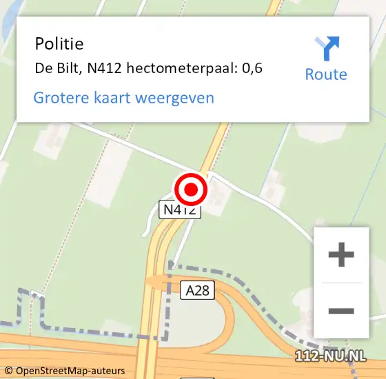 Locatie op kaart van de 112 melding: Politie De Bilt, N412 hectometerpaal: 0,6 op 14 februari 2023 16:18