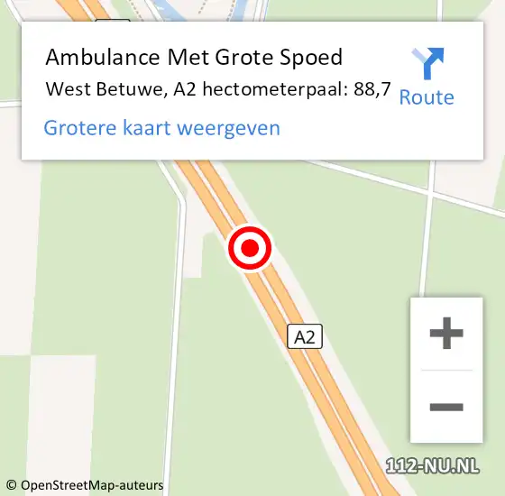 Locatie op kaart van de 112 melding: Ambulance Met Grote Spoed Naar West Betuwe, A2 hectometerpaal: 88,7 op 14 februari 2023 17:49