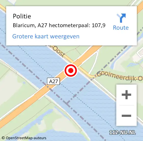 Locatie op kaart van de 112 melding: Politie Blaricum, A27 hectometerpaal: 107,9 op 14 februari 2023 17:51