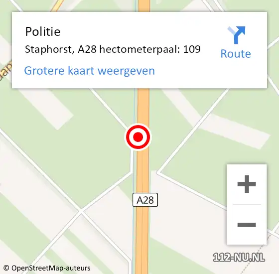 Locatie op kaart van de 112 melding: Politie Staphorst, A28 hectometerpaal: 109 op 14 februari 2023 17:59